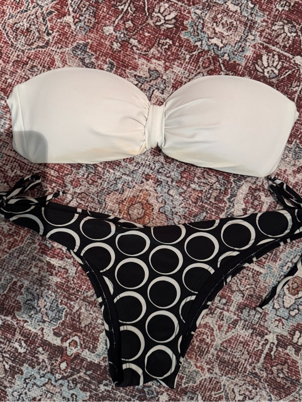 Women’s White Strapless Bikini Top and Black Circle-Print Tie-Side Bottom